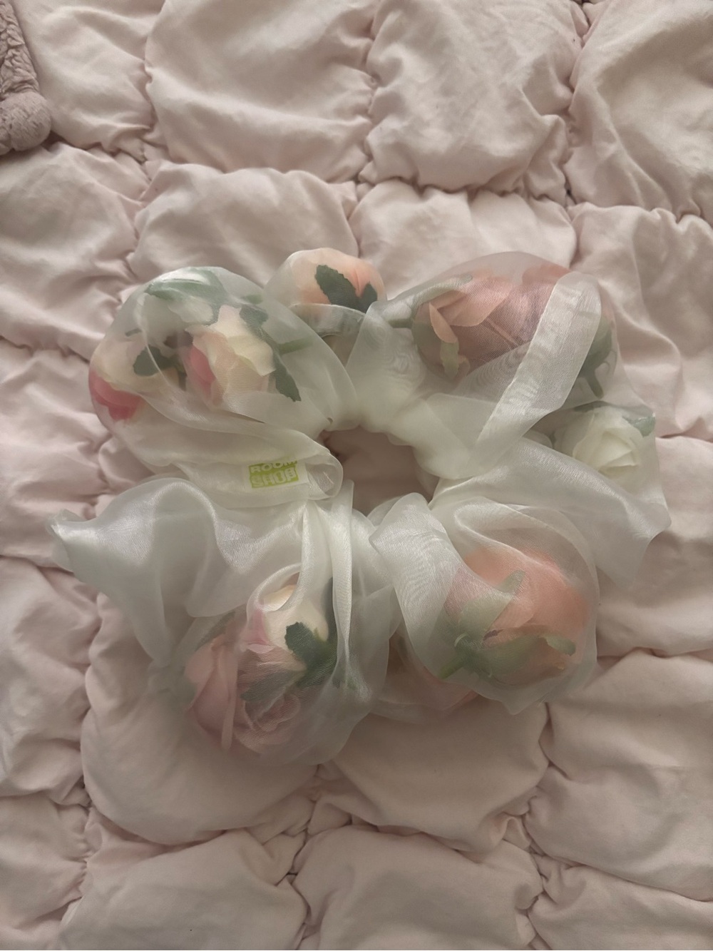 Floral Organza Scrunchie - White with Pink Rose Accents